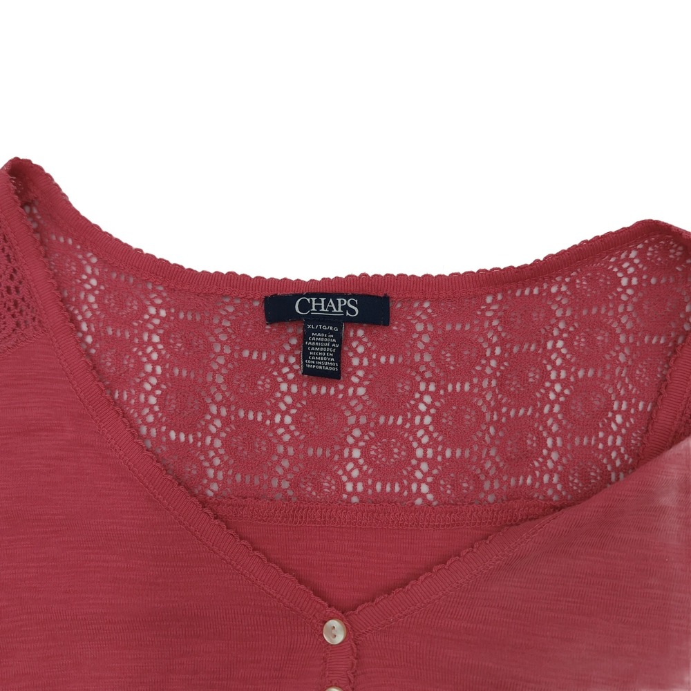 Chaps Womens XL Pink Lace Yoke Henley Short Sleeve Slub Knit Top